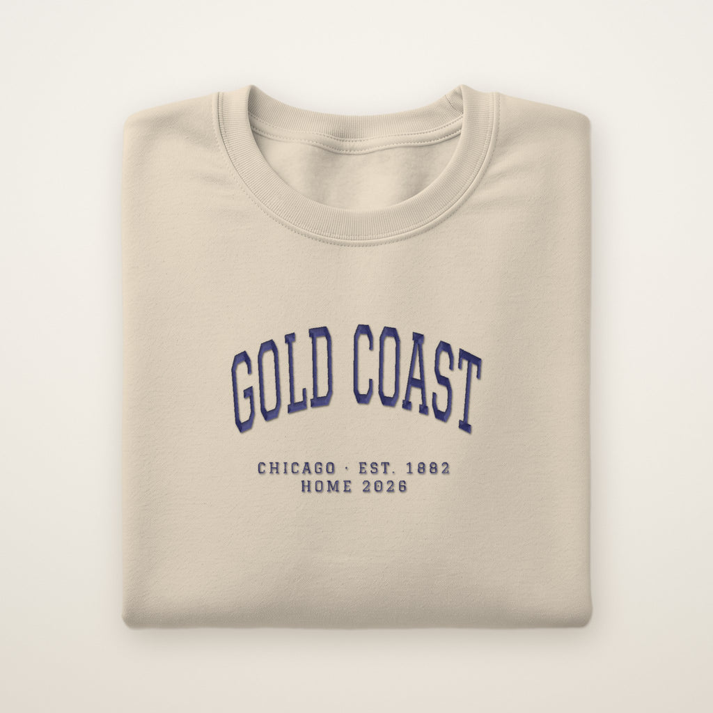 Gold Coast Chicago Home 2026 Embroidered Crewneck — Navy Thread on Sand