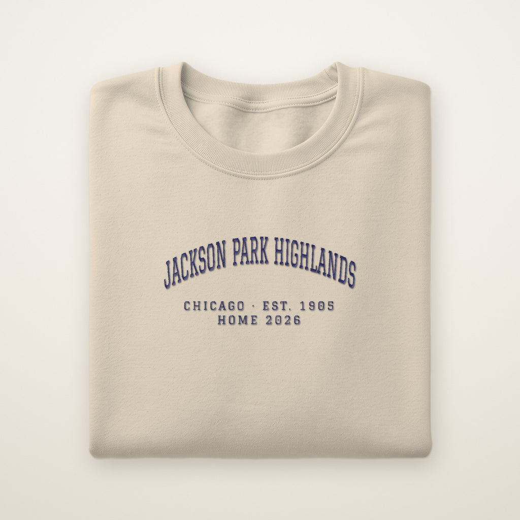 Jackson Park Highlands Chicago Home 2026 Embroidered Crewneck — Navy Thread on Sand