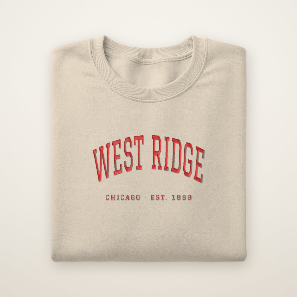 West Ridge Chicago Embroidered Crewneck — Red Thread on Sand