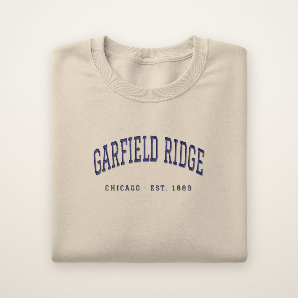 Garfield Ridge Chicago Embroidered Crewneck — Navy Thread on Sand