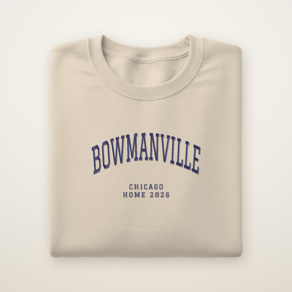 Bowmanville Chicago Home 2026 Embroidered Crewneck — Navy Thread on Sand