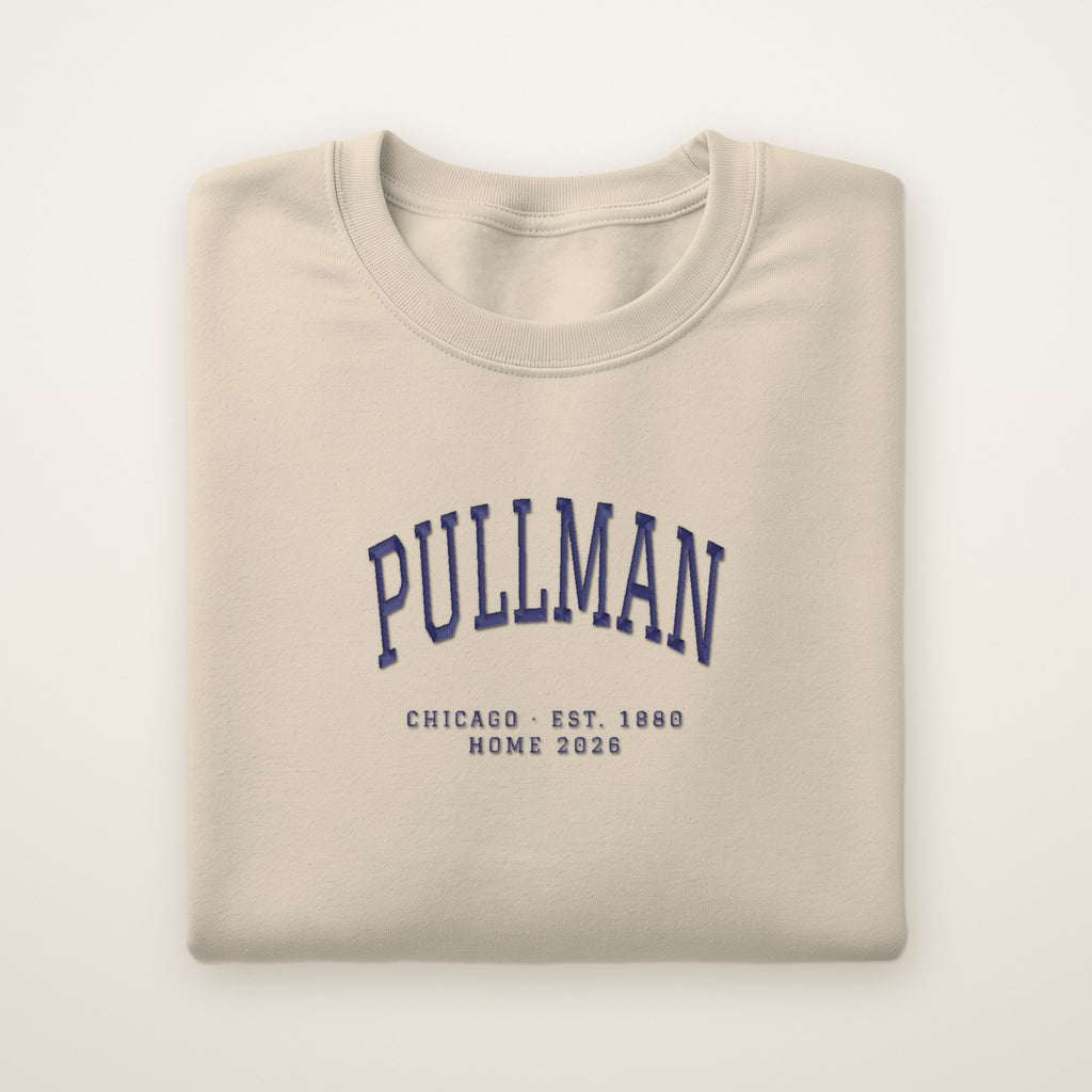 Pullman Chicago Home 2026 Embroidered Crewneck — Navy Thread on Sand