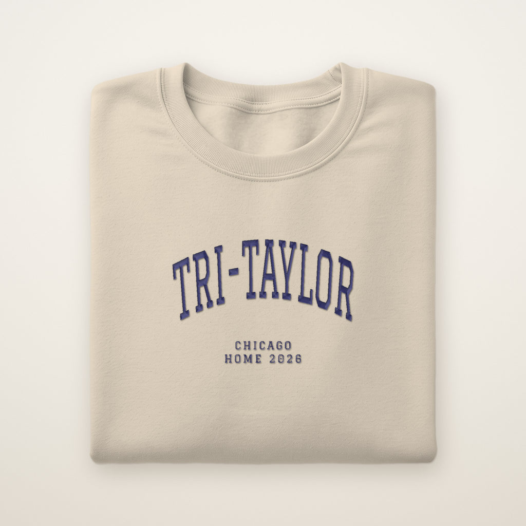 Tri-Taylor Chicago Home 2026 Embroidered Crewneck — Navy Thread on Sand