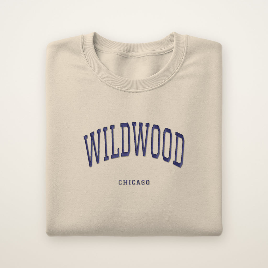 Wildwood Chicago Embroidered Crewneck — Navy Thread on Sand