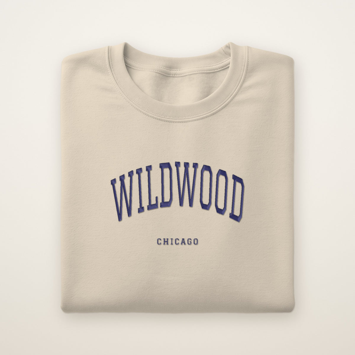 Wildwood Chicago Embroidered Crewneck — Navy Thread on Sand
