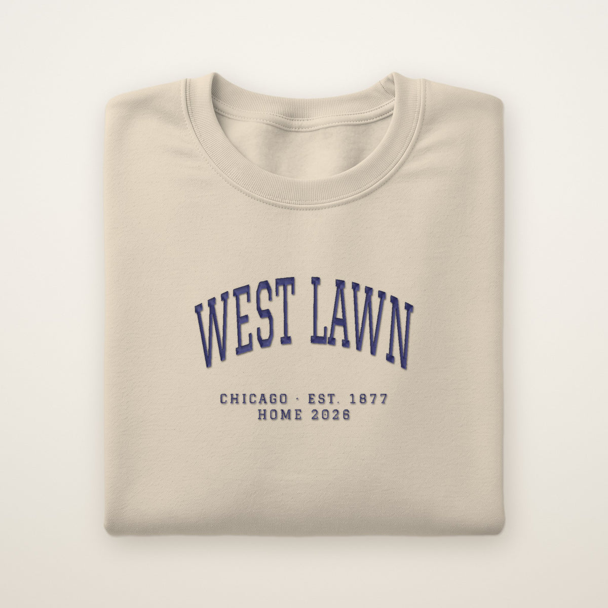 West Lawn Chicago Home 2026 Embroidered Crewneck — Navy Thread on Sand
