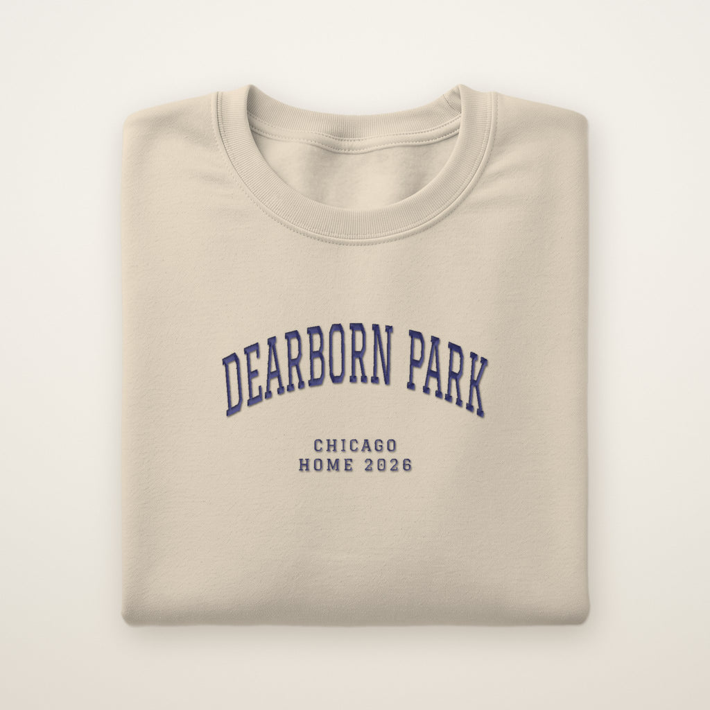 Dearborn Park Chicago Home 2026 Embroidered Crewneck — Navy Thread on Sand