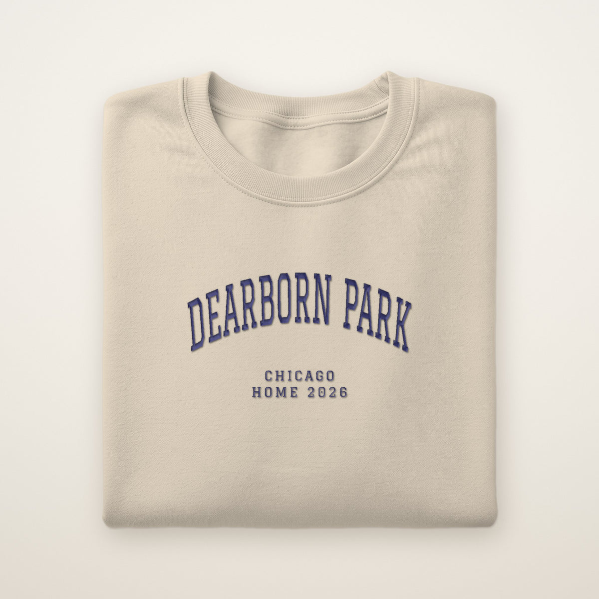 Dearborn Park Chicago Home 2026 Embroidered Crewneck — Navy Thread on Sand