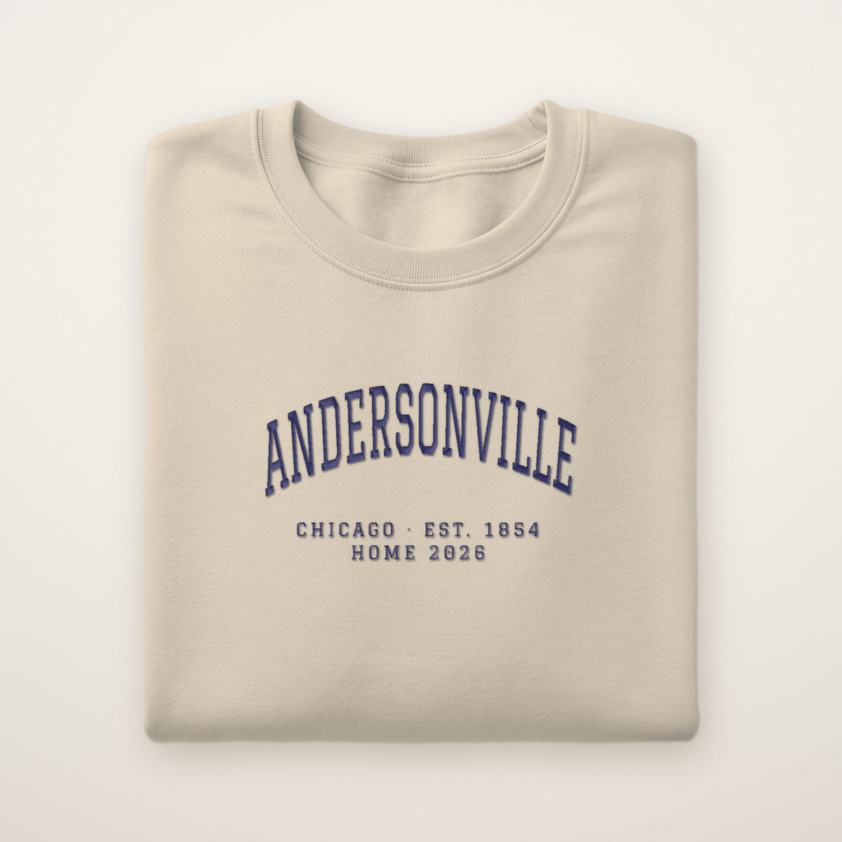 Andersonville Chicago Home 2026 Embroidered Crewneck — Navy Thread on Sand