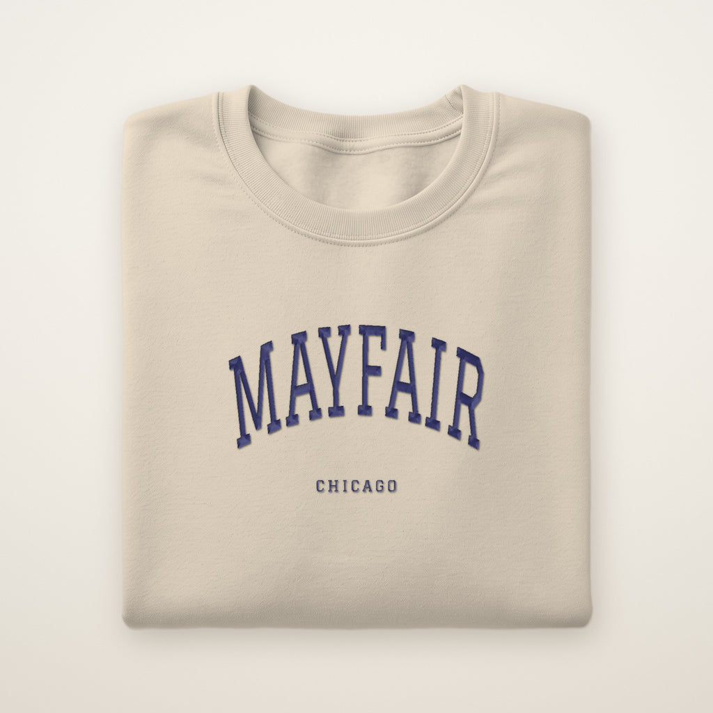 Mayfair Chicago Embroidered Crewneck — Navy Thread on Sand