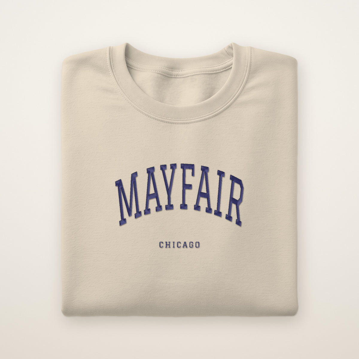 Mayfair Chicago Embroidered Crewneck — Navy Thread on Sand