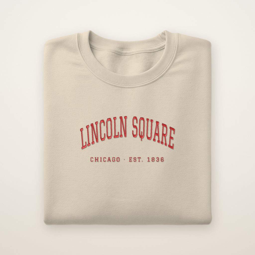 Lincoln Square Chicago Embroidered Crewneck — Red Thread on Sand