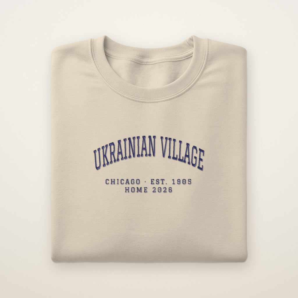 Ukrainian Village Chicago Home 2026 Embroidered Crewneck — Navy Thread on Sand