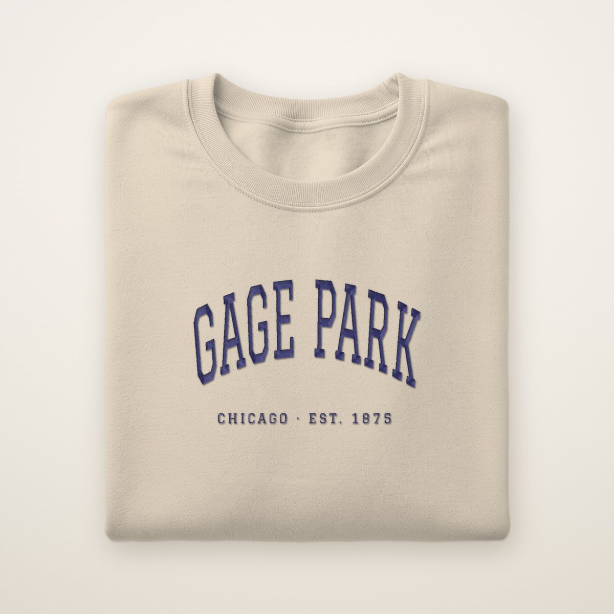 Gage Park Chicago Embroidered Crewneck — Navy Thread on Sand
