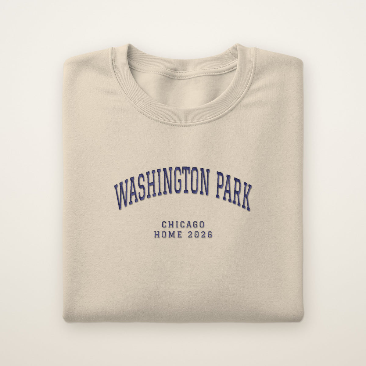 Washington Park Chicago Home 2026 Embroidered Crewneck — Navy Thread on Sand