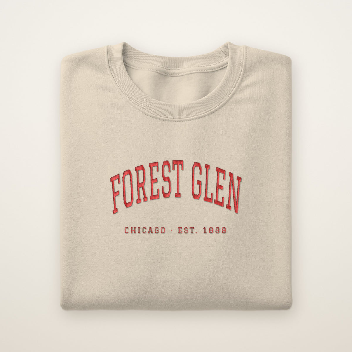 Forest Glen Chicago Embroidered Crewneck — Red Thread on Sand