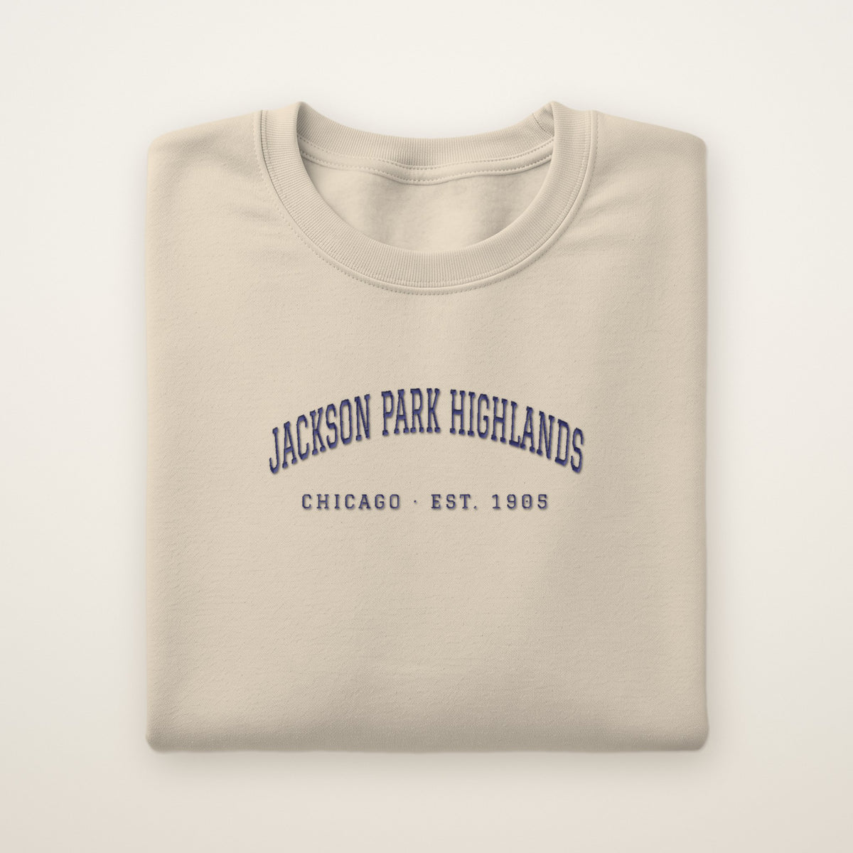 Jackson Park Highlands Chicago Embroidered Crewneck — Navy Thread on Sand