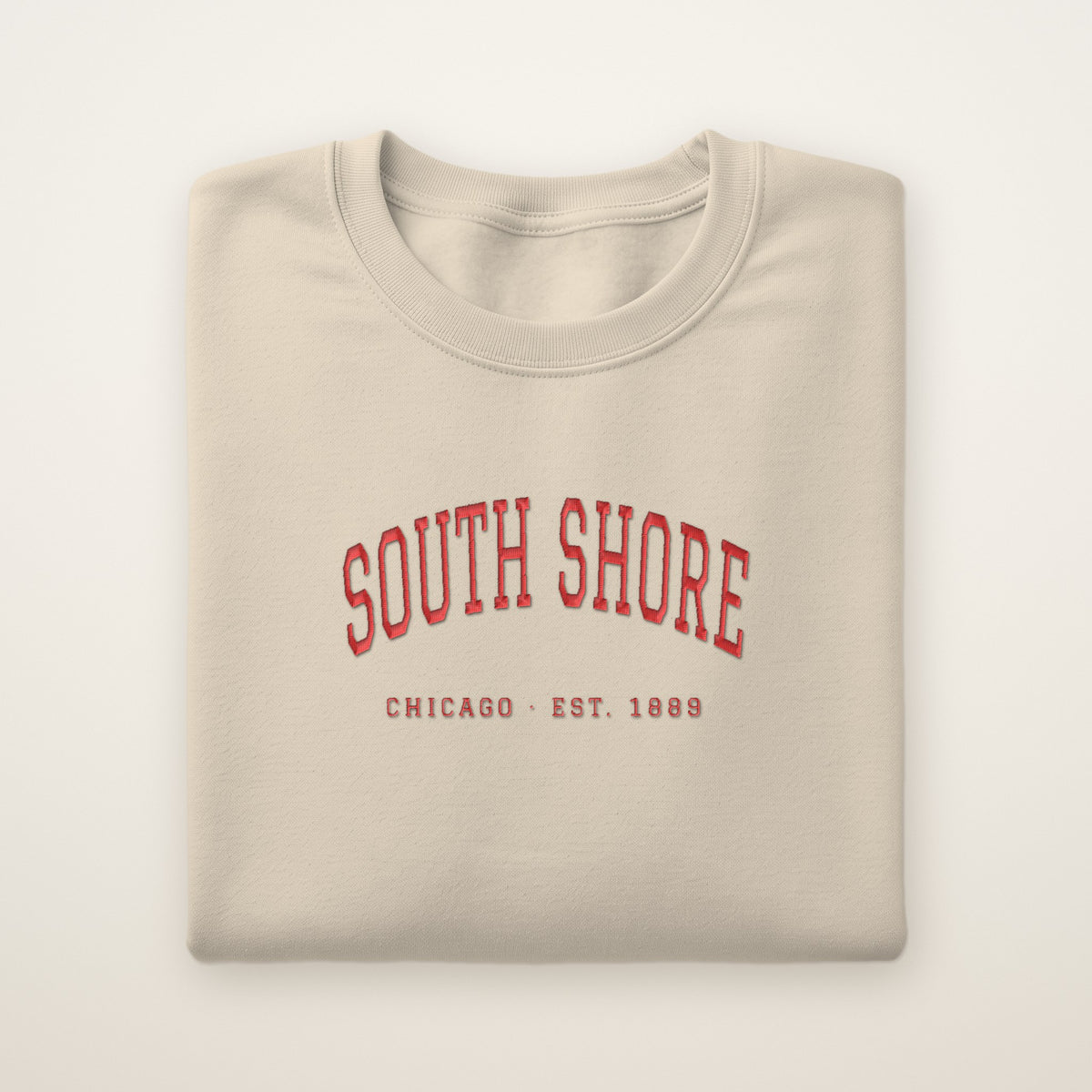 South Shore Chicago Embroidered Crewneck — Red Thread on Sand