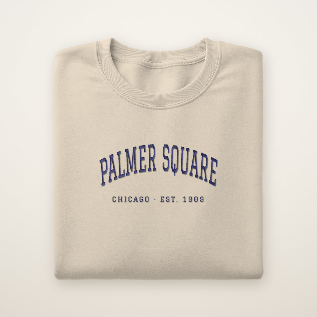 Palmer Square Chicago Embroidered Crewneck — Navy Thread on Sand