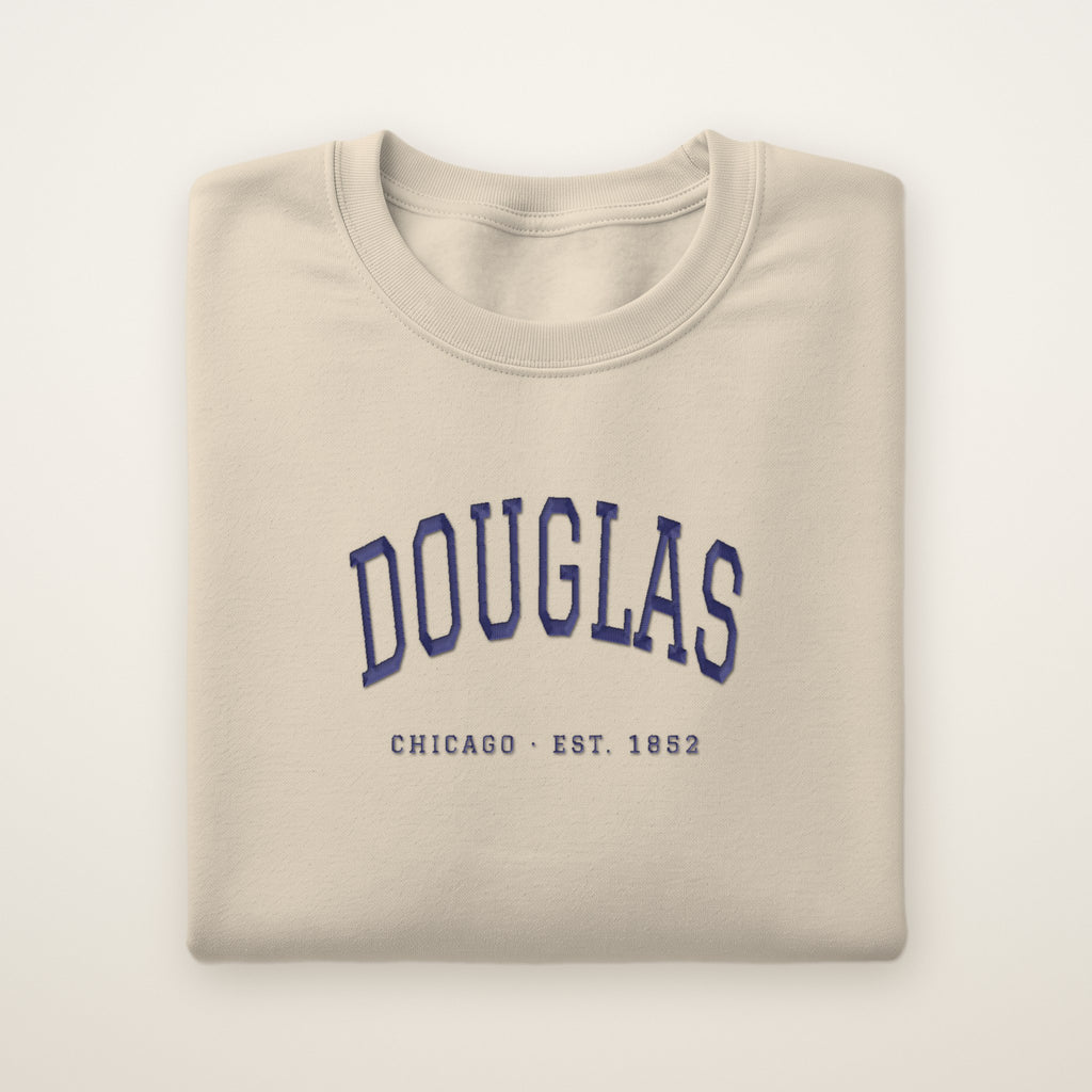 Douglas Chicago Embroidered Crewneck — Navy Thread on Sand