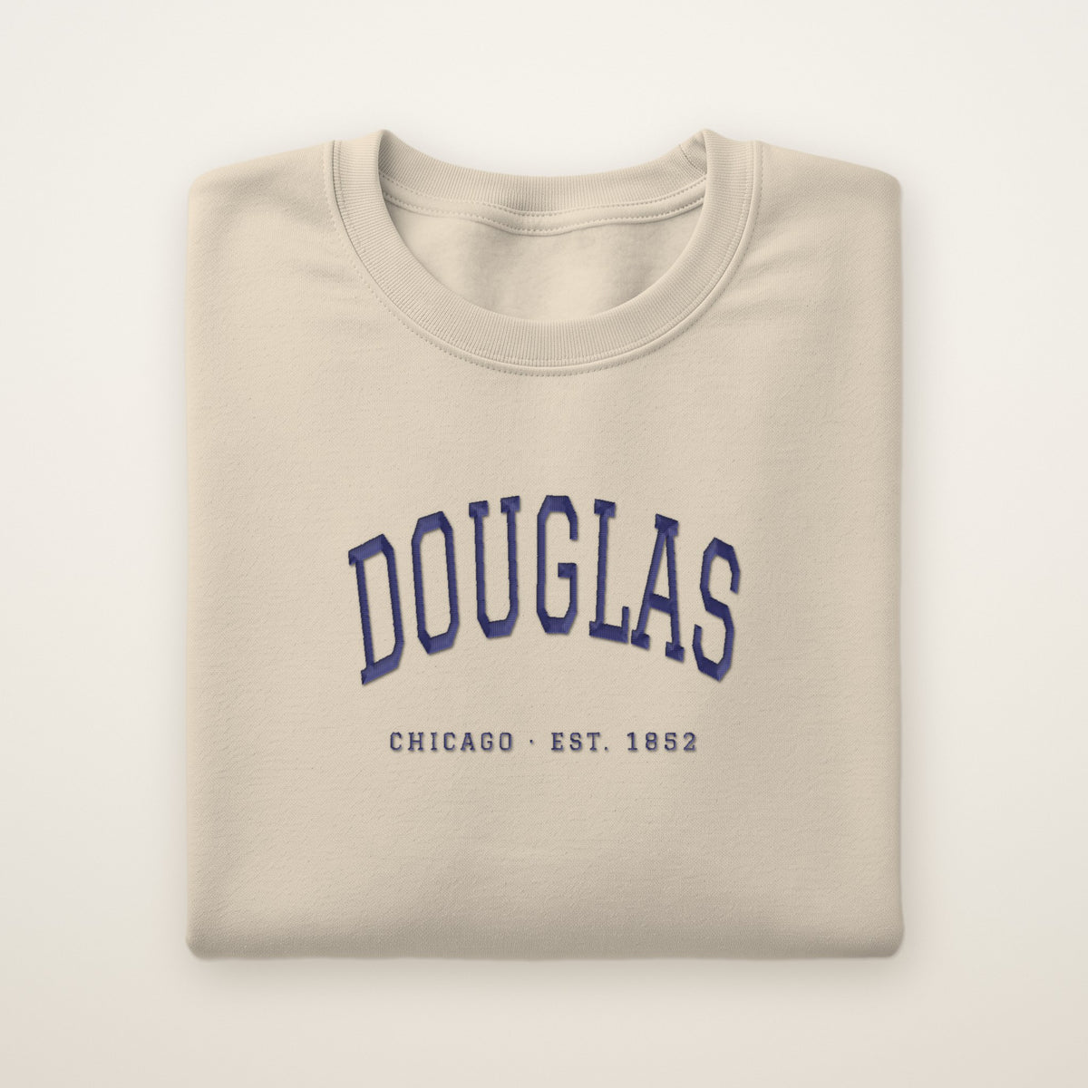 Douglas Chicago Embroidered Crewneck — Navy Thread on Sand