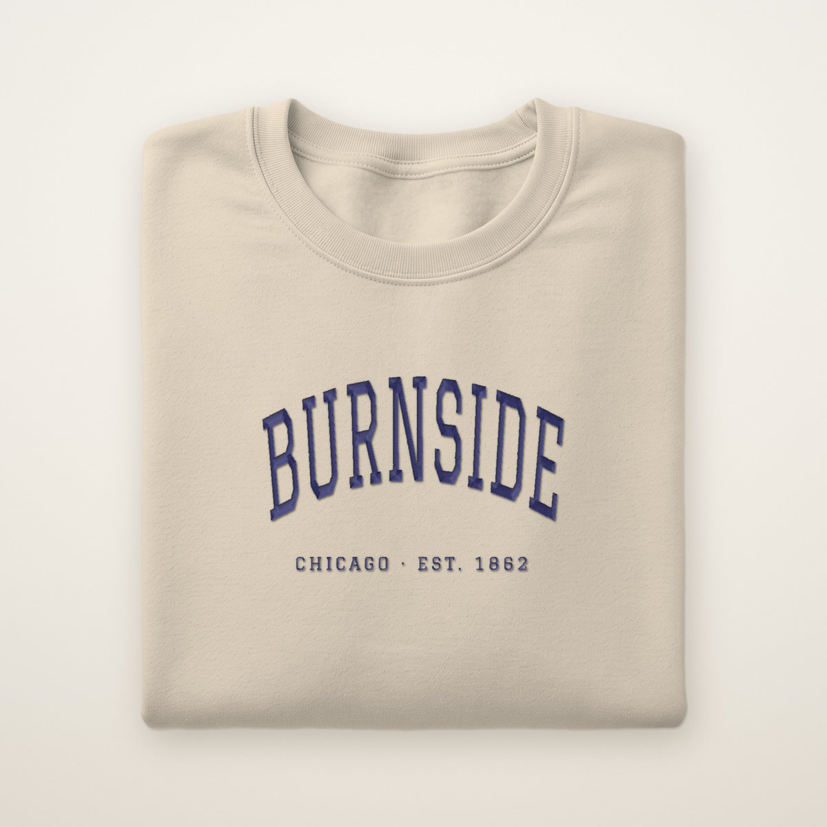 Burnside Chicago Embroidered Crewneck — Navy Thread on Sand
