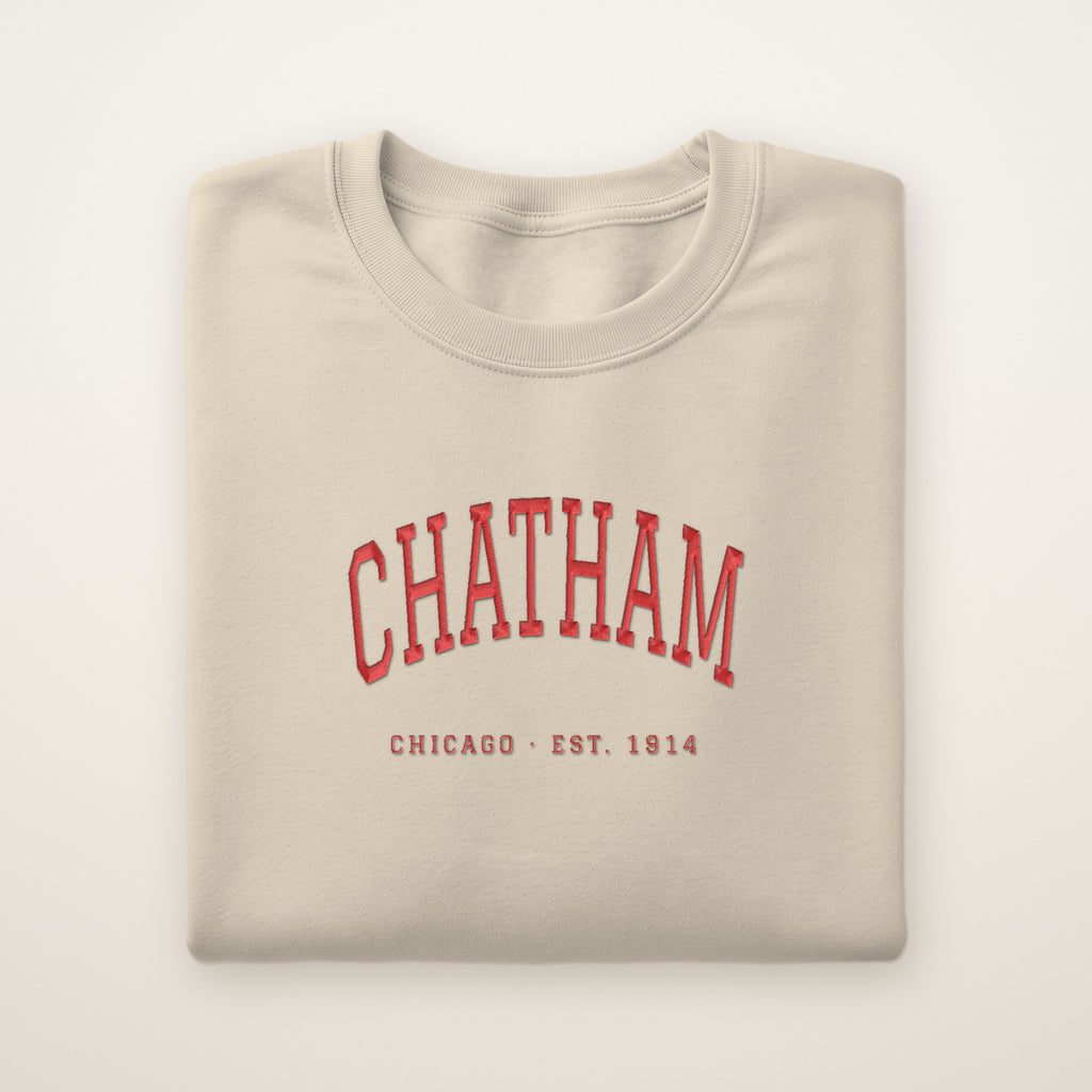 Chatham Chicago Embroidered Crewneck — Red Thread on Sand