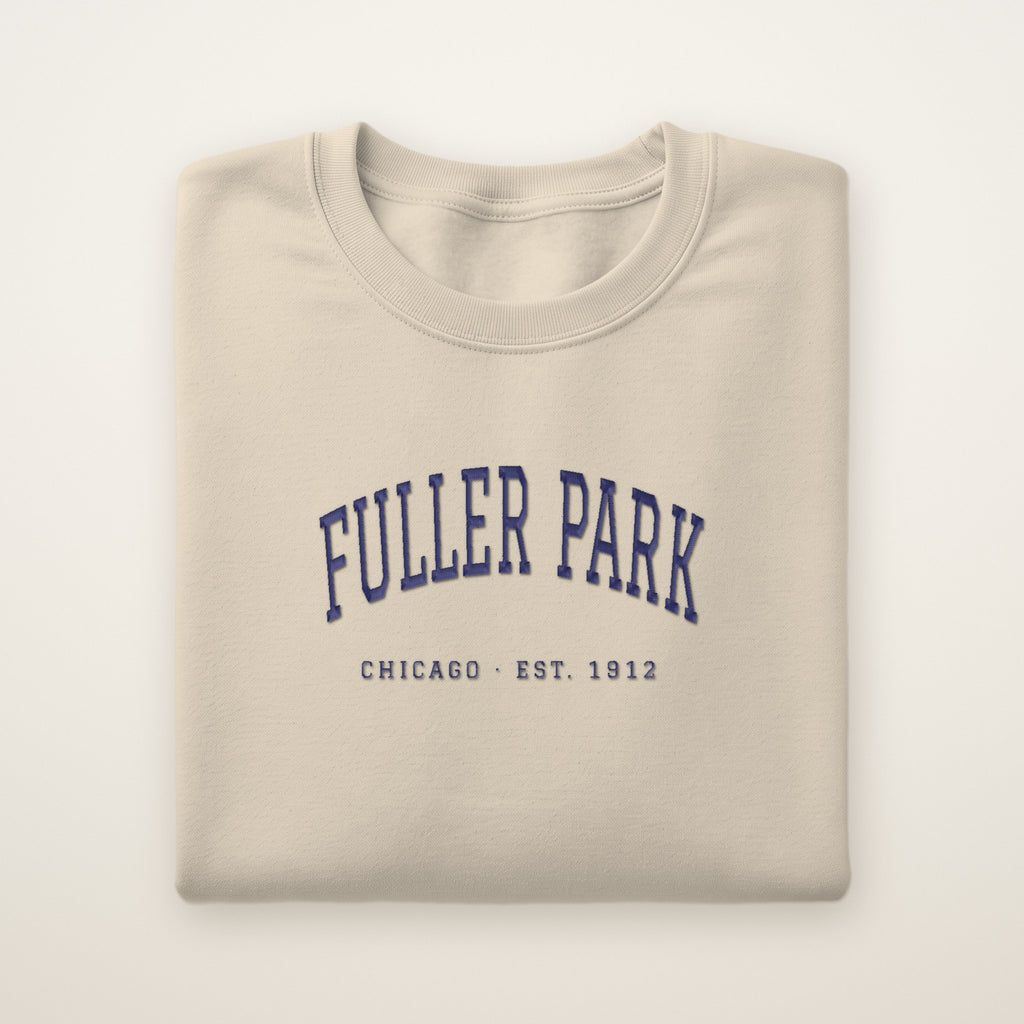 Fuller Park Chicago Embroidered Crewneck — Navy Thread on Sand