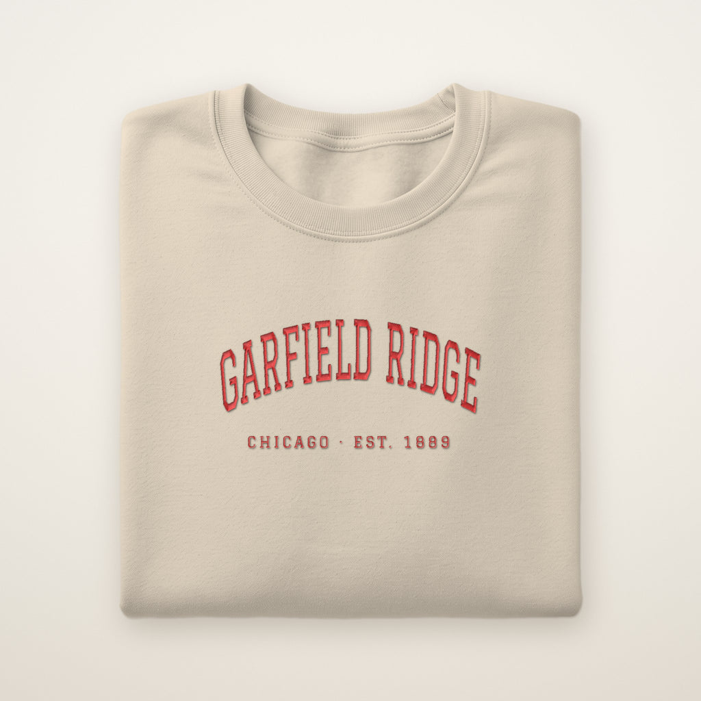 Garfield Ridge Chicago Embroidered Crewneck — Red Thread on Sand