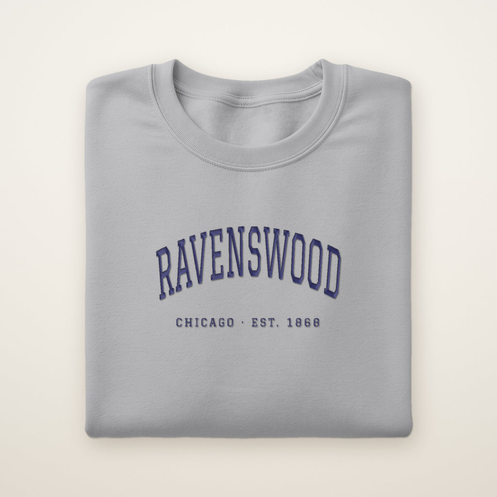 Ravenswood Chicago Embroidered Crewneck — Navy Thread on Sport Grey