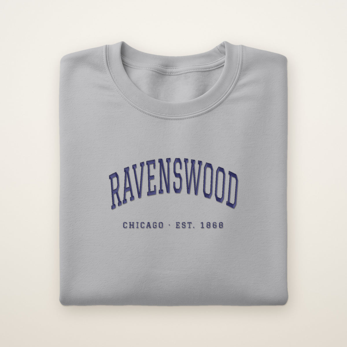Ravenswood Chicago Embroidered Crewneck — Navy Thread on Sport Grey