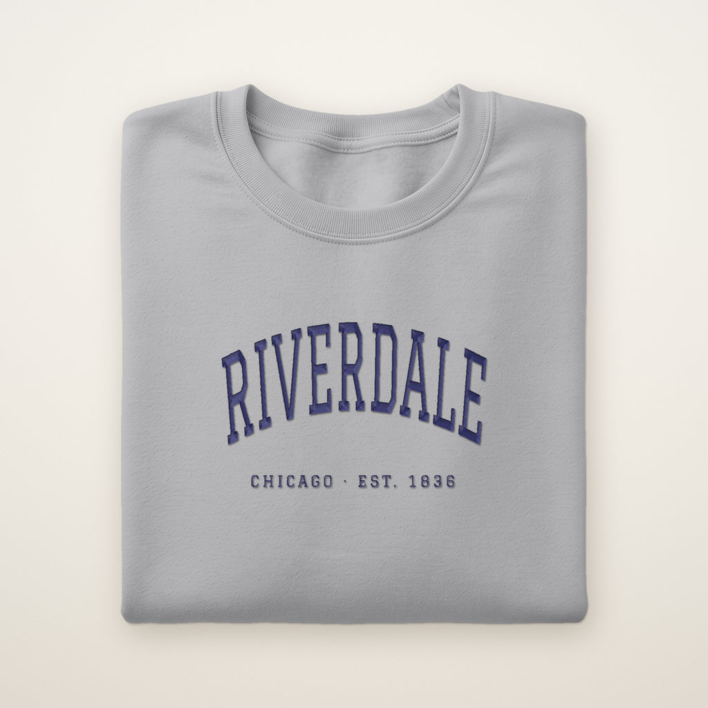 Riverdale Chicago Embroidered Crewneck — Navy Thread on Sport Grey