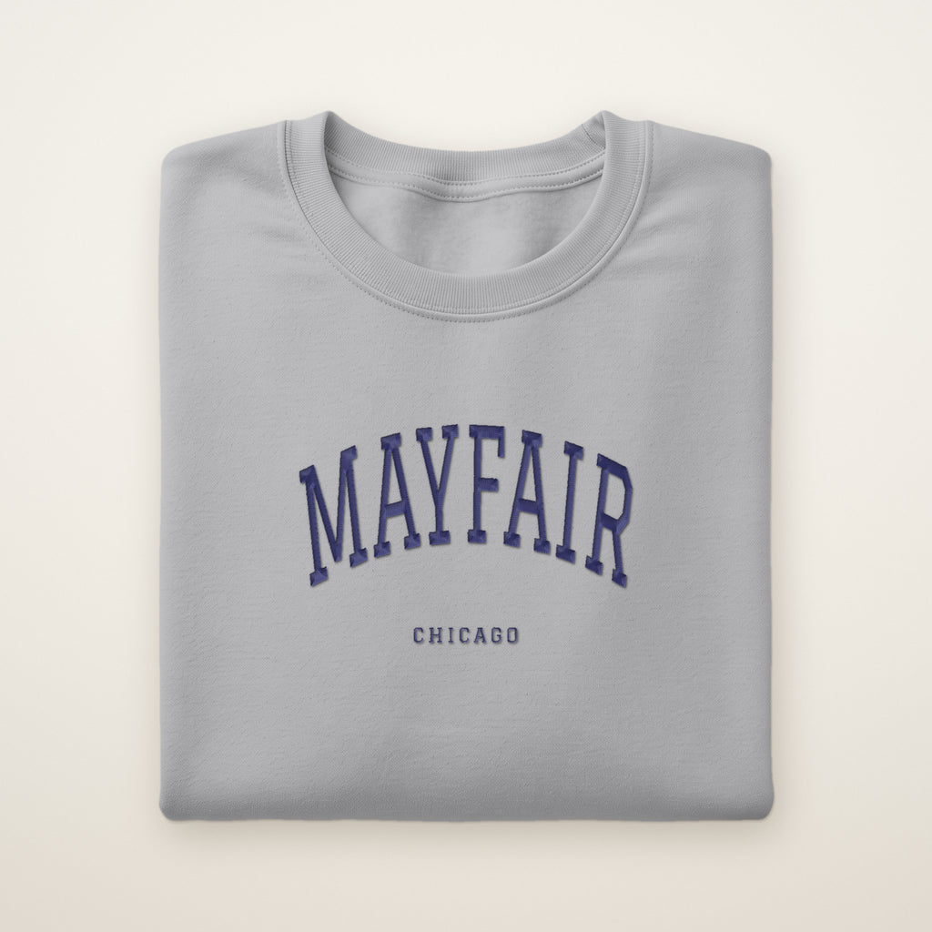 Mayfair Chicago Embroidered Crewneck — Navy Thread on Sport Grey