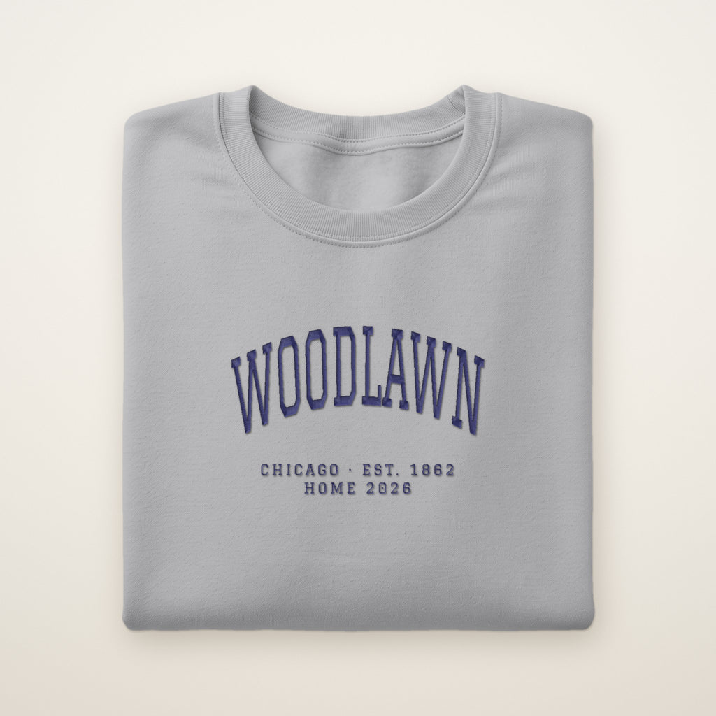 Woodlawn Chicago Home 2026 Embroidered Crewneck — Navy Thread on Sport Grey