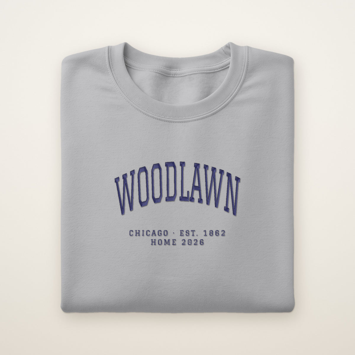 Woodlawn Chicago Home 2026 Embroidered Crewneck — Navy Thread on Sport Grey