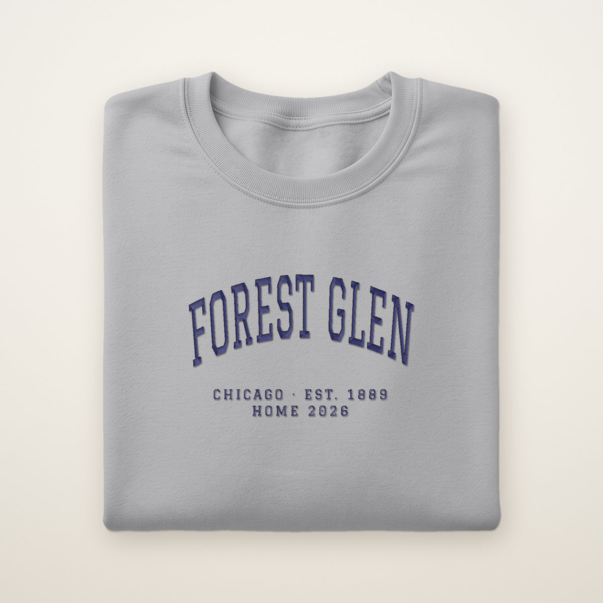 Forest Glen Chicago Home 2026 Embroidered Crewneck — Navy Thread on Sport Grey