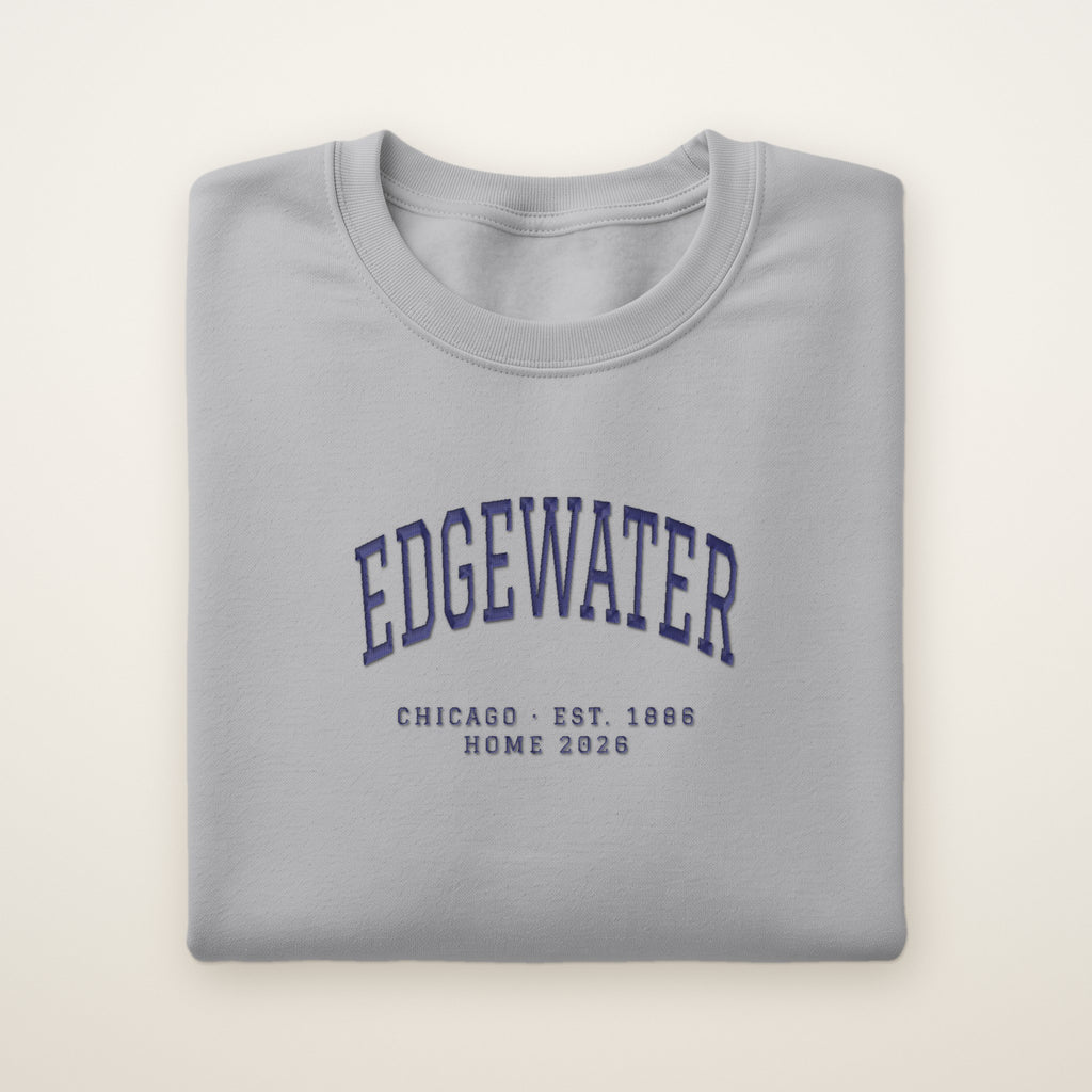 Edgewater Chicago Home 2026 Embroidered Crewneck — Navy Thread on Sport Grey
