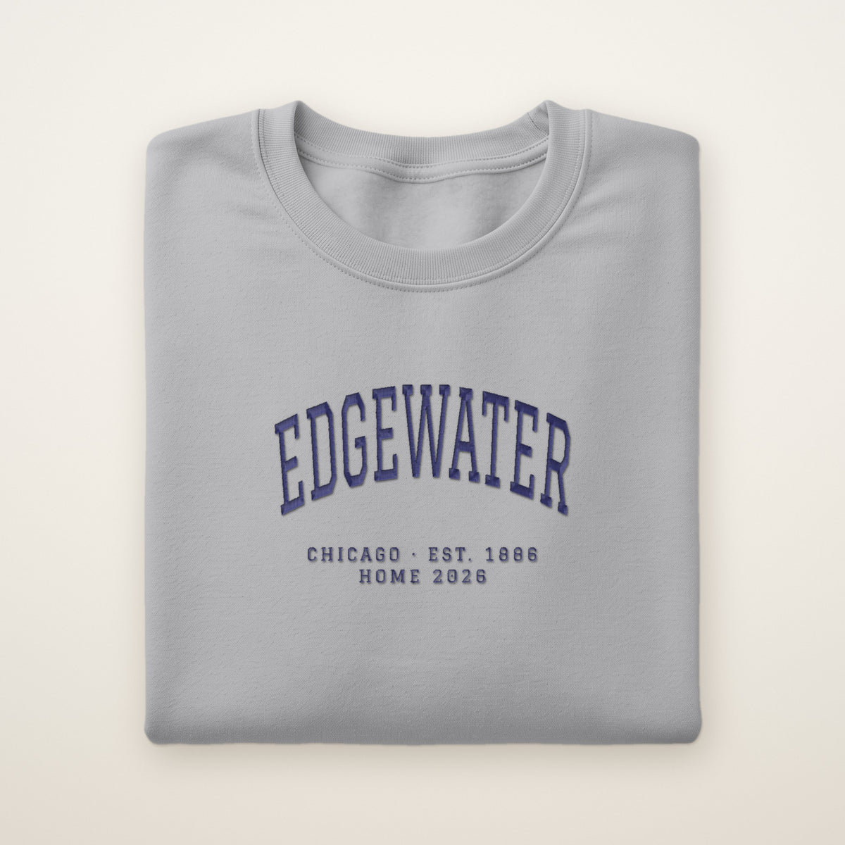 Edgewater Chicago Home 2026 Embroidered Crewneck — Navy Thread on Sport Grey