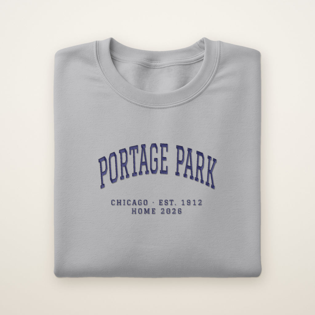 Portage Park Chicago Home 2026 Embroidered Crewneck — Navy Thread on Sport Grey