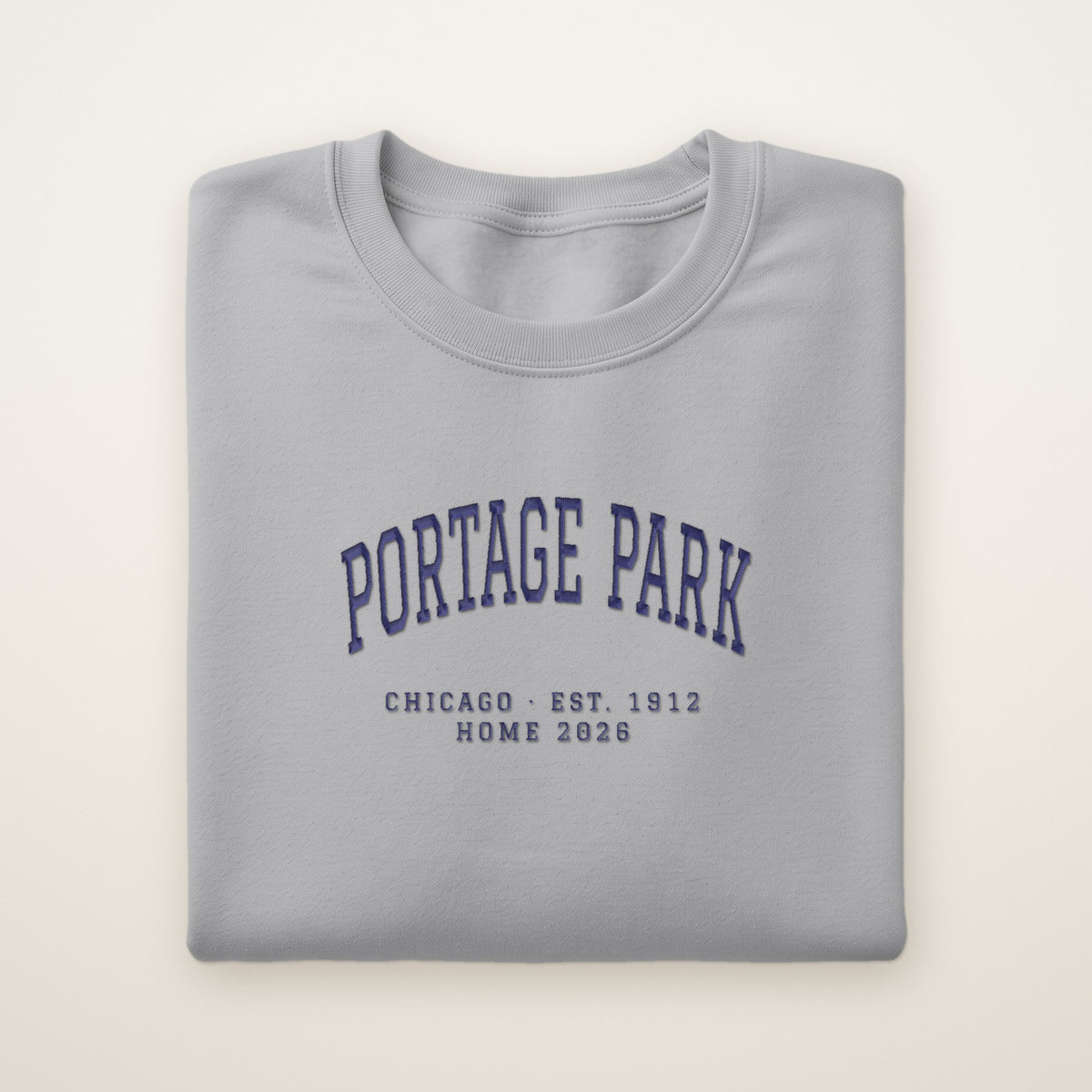 Portage Park Chicago Home 2026 Embroidered Crewneck — Navy Thread on Sport Grey