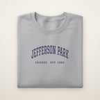 Jefferson Park Chicago Embroidered Crewneck — Navy Thread on Sport Grey