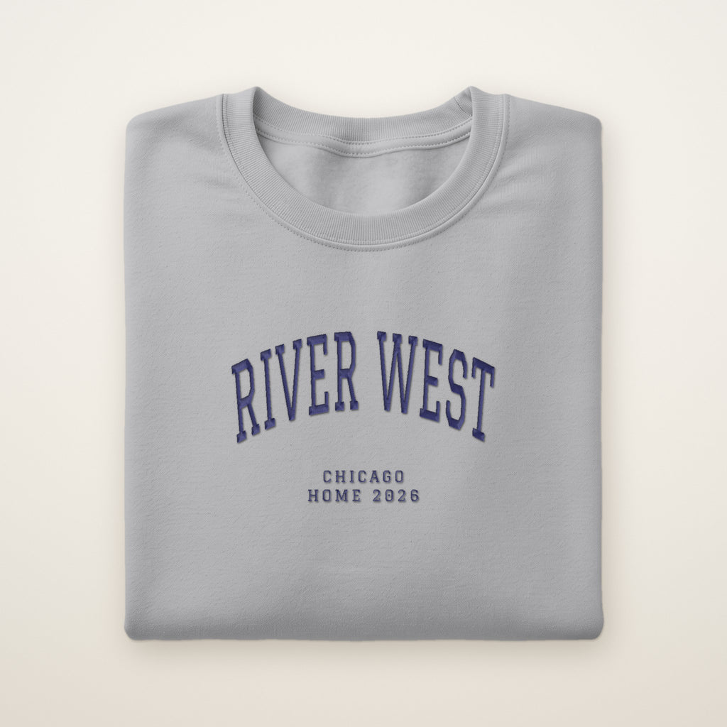 River West Chicago Home 2026 Embroidered Crewneck — Navy Thread on Sport Grey