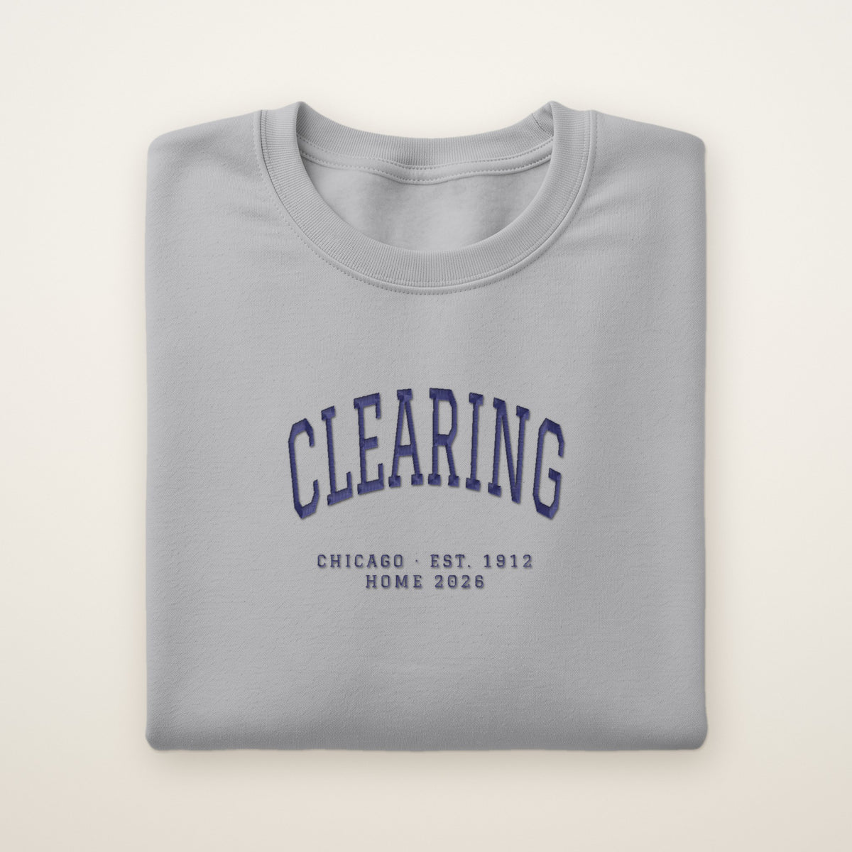 Clearing Chicago Home 2026 Embroidered Crewneck — Navy Thread on Sport Grey