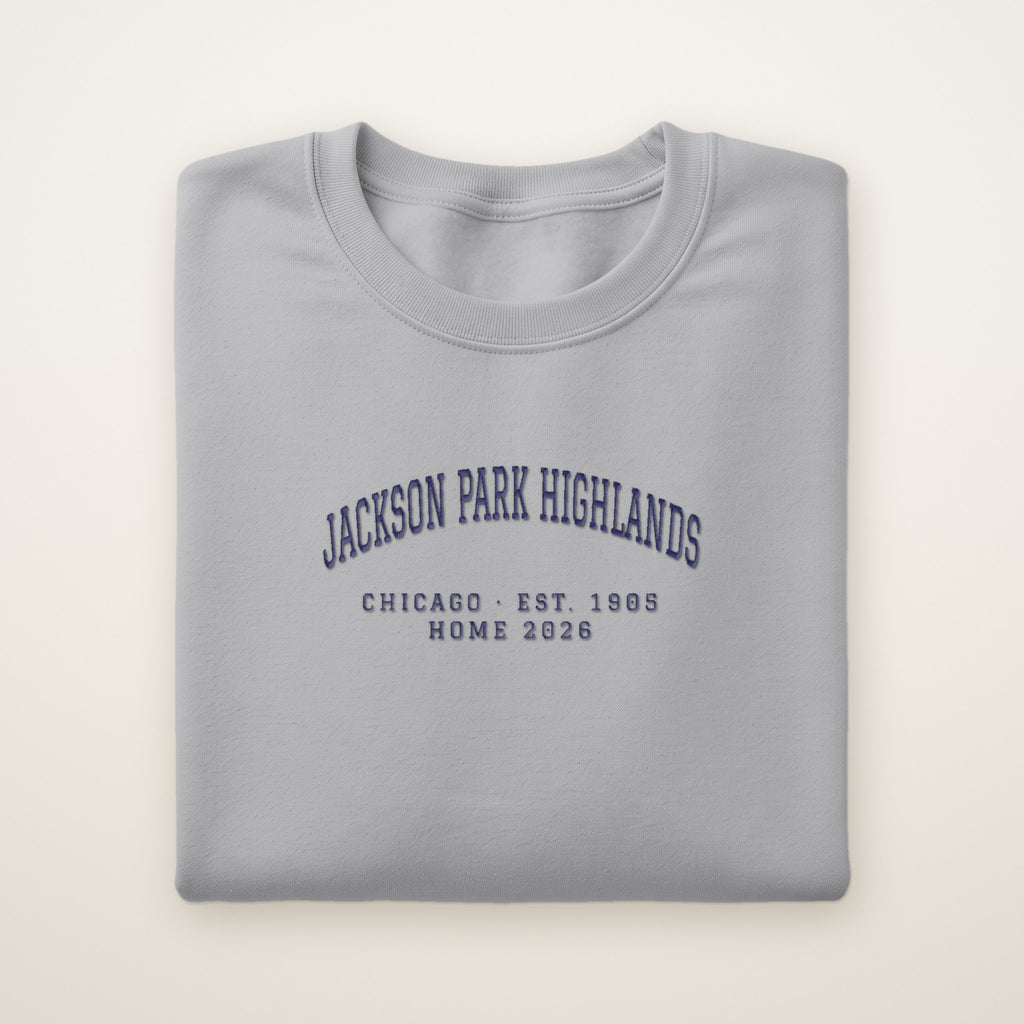 Jackson Park Highlands Chicago Home 2026 Embroidered Crewneck — Navy Thread on Sport Grey