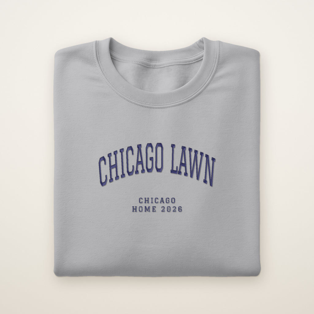 Chicago Lawn Chicago Home 2026 Embroidered Crewneck — Navy Thread on Sport Grey