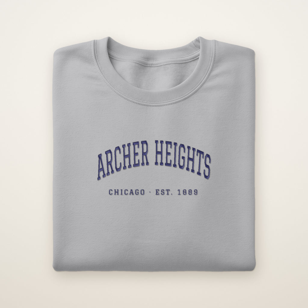 Archer Heights Chicago Embroidered Crewneck — Navy Thread on Sport Grey