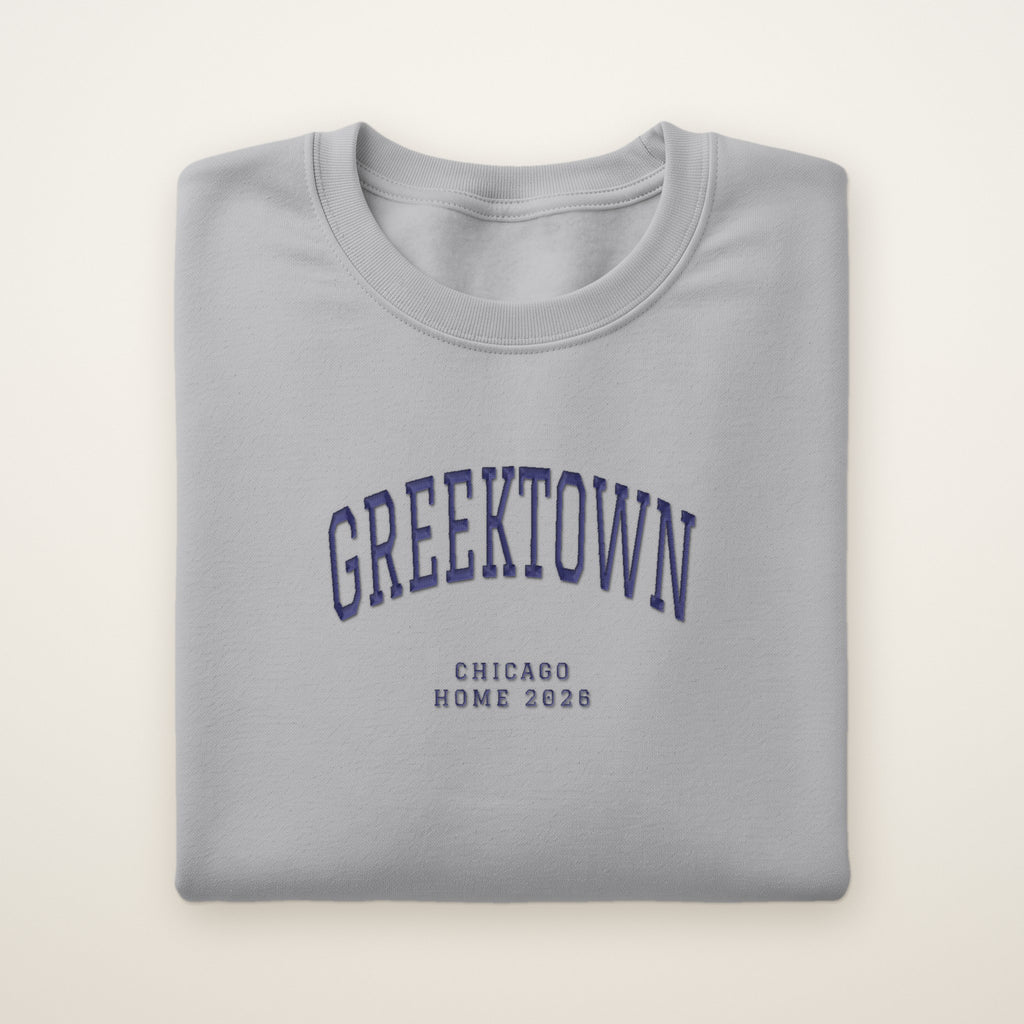 Greektown Chicago Home 2026 Embroidered Crewneck — Navy Thread on Sport Grey