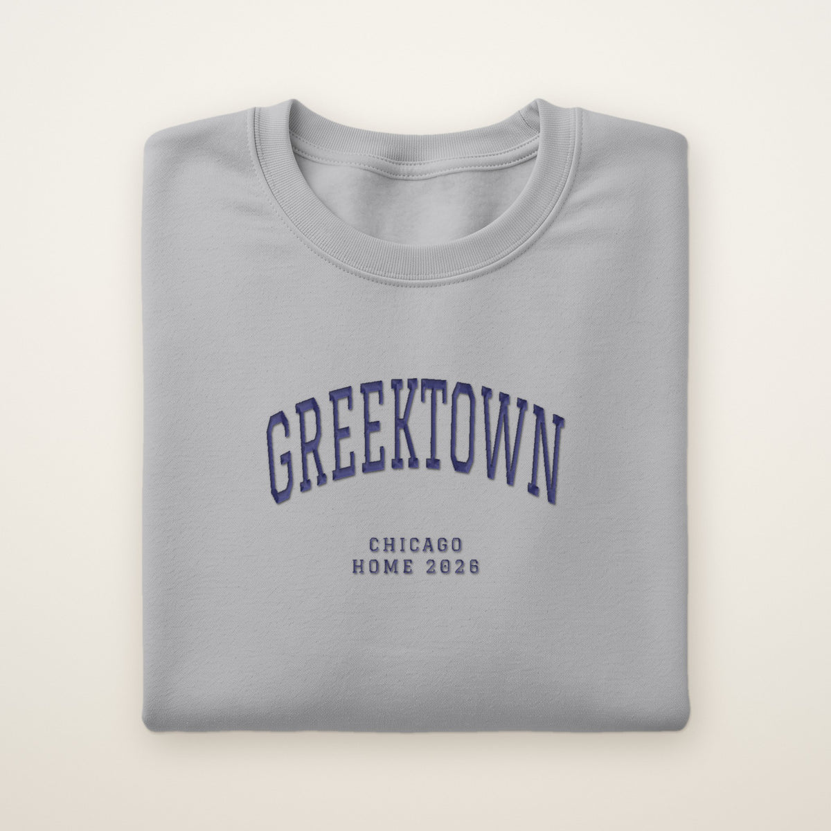 Greektown Chicago Home 2026 Embroidered Crewneck — Navy Thread on Sport Grey
