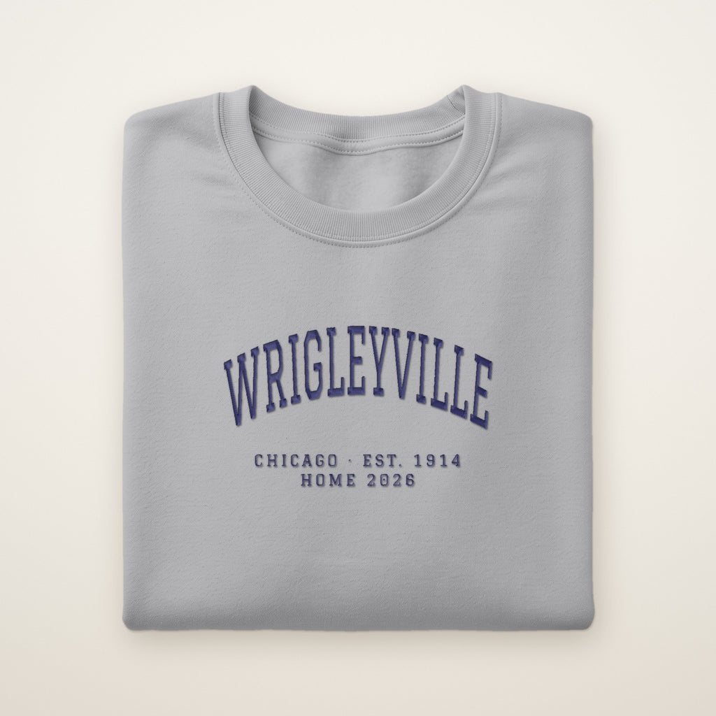 Wrigleyville Chicago Home 2026 Embroidered Crewneck — Navy Thread on Sport Grey