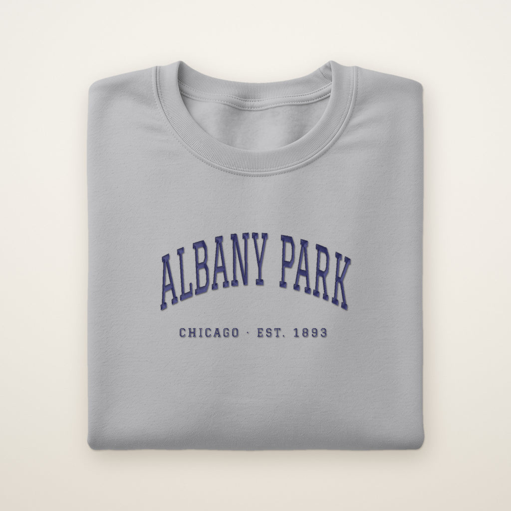 Albany Park Chicago Embroidered Crewneck — Navy Thread on Sport Grey